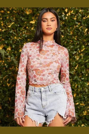 Kalini Women Floral Print High Neck Long Sleeves Fitted Crop Top