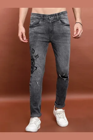 Highlander Men Grey Slim Fit Mid-Rise Low Distress Heavy Fade Printed Stretchable Jeans
