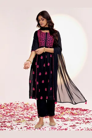 Jaipur Embroidered Thread Work Pure Cotton Kurta With Trouser & Dupatta