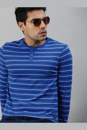 Roadster Men Blue White Striped Henley Neck Pure Cotton T-shirt