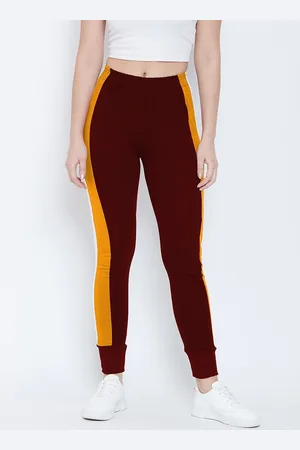 CHROME & CORAL Women Maroon & Yellow Colourblocked Slim-Fit Joggers