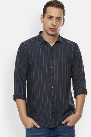 V Dot Men Navy Blue Slim Fit Striped Casual Shirt