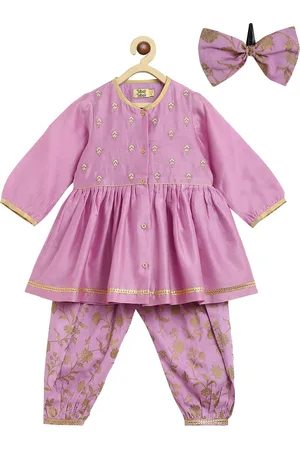 Tiber Taber Girls Purple Floral Embroidered Chanderi Silk Kurta with Salwar