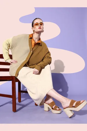 HERE&NOW Women Beige & Brown Colourblocked Cardigan
