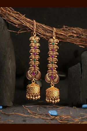 Adwitiya Collection 24 CT Gold-Plated Green & Pink Stone-Studded Classic Jhumkas Earrings