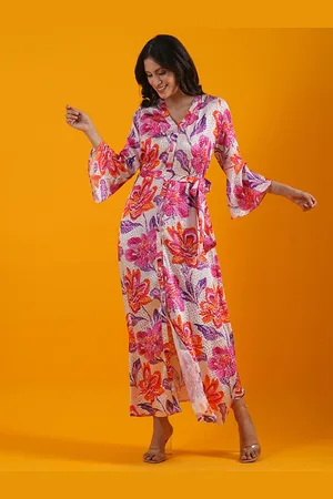 Globus Pink Floral Print Bell Sleeves Front Slit A-Line Maxi Dress With Belt