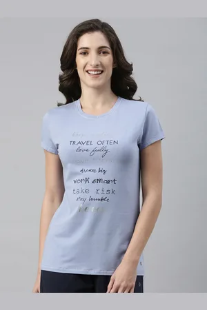 ENAMORA Women Blue Typography Printed Slim Fit Cotton T-shirt