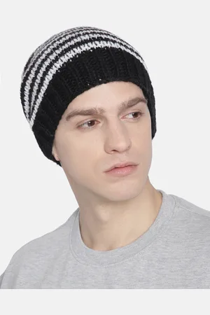 Magic Needles Men Black & White Woollen Handknitted Striped Beanie