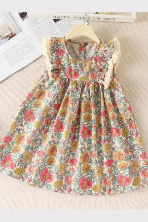 LULU & SKY Girls Floral Knee Length Round Neck Flutter Sleeve Flared Empire Dress