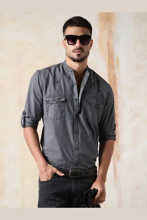High Star Men Regular Fit Utility Heavy Washed Spread Collar Solid Cotton Casual Shirt