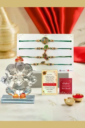 eCraftIndia Set of 5 Thread Rakhi & Lord Ganesha Idol With Roli Chawal