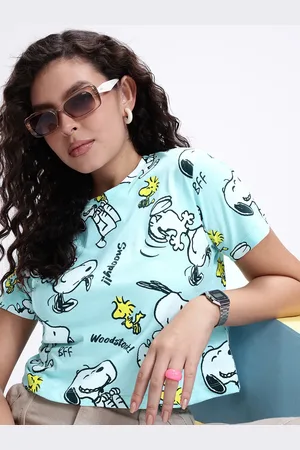 Kook N Keech Peanuts Printed Drop-Shoulder Sleeves Relaxed Fit Crop T-shirt