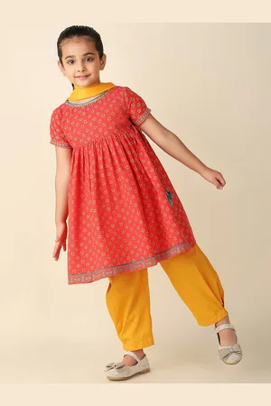 Fabindia Girls Ethnic Motifs Printed Empire Pure Cotton Kurta with Salwar & With Dupatta