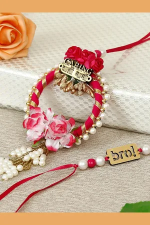 eCraftIndia Pink & White Bhaiya Bhabhi Rakhi Set