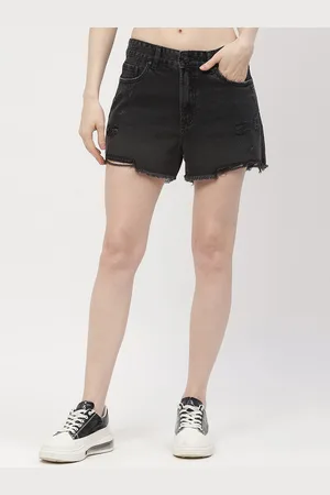 MADAME Women Washed High-Rise Distressed Cotton Denim Shorts