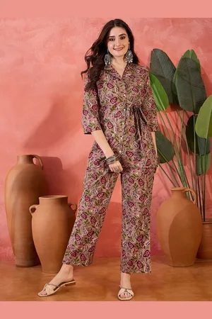 Sangria Floral Printed Collar Neck Shirt With Trousers Co-Ords