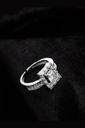 ATIBELLE Silver-Plated Cubic Zirconia-Stones Studded Square Shaped Adjustable Finger Ring