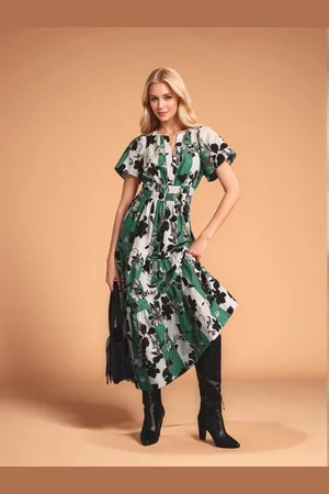 DressBerry Women White Teal Green Floral Print Poly Rayon Ankle Length Dress