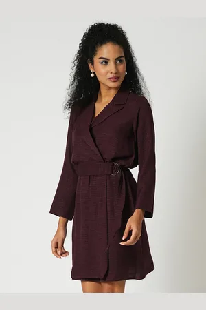 Globus Women Self Design Notched Collar Long Sleeves Belted Wrap Dress