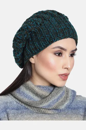 Magic Needles Women Teal Blue & Black Handknitted Woollen Beanie