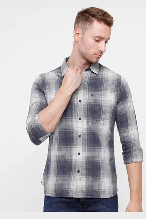 WROGN Men Navy Blue & Off-White Slim Fit Tartan Checked Oxford Pure Cotton Casual Shirt