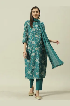 Biba Floral Printed Pure Cotton Straight Kurta with Trousers & Dupatta