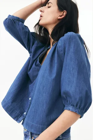 H&M Balloon-Sleeved Denim Blouse