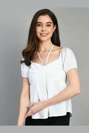 DressBerry Women Tie-Up Neck Puff Sleeve Cotton Top