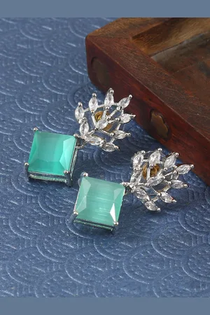 Jewar Mandi Silver Plated Leaf Shaped Cubic Zirconia Drop Earrings