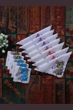 Kuber Industries Women & Girls Set Of 12 White Rose Print Cutwork Cotton Hankies