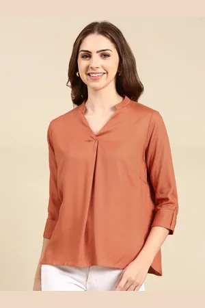 HERE&NOW Rust Mandarin Collar Roll-Up Sleeves Top