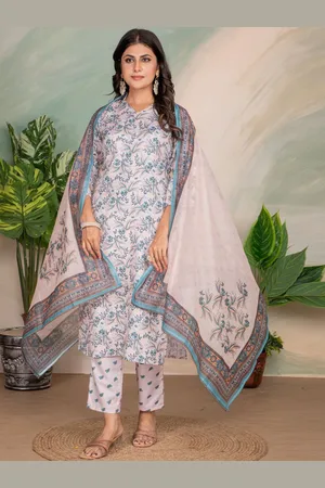 Ethnic Yard Floral Printed V-Neck Straight Kurta With Trousers And Dupatta