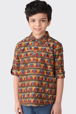 Fabindia Boys Mustard Yellow & Red Printed Pure Cotton Kurta