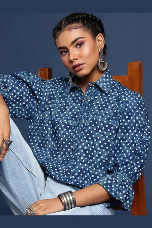 Taavi Printed Bishop Sleeves Indigo Pure Cotton Shirt Style Top