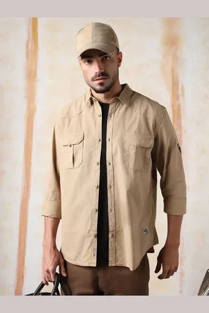 High Star Men Regular Fit Utility Heavy Washed Spread Collar Solid Cotton Casual Shirt