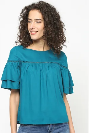 Gipsy Women Teal Blue Solid A-Line Top