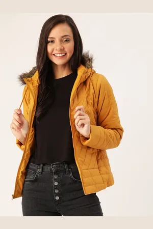 DressBerry Women Mustard Yellow Solid Hooded Parka Jacket