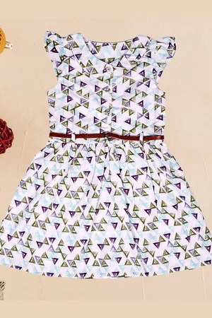 Miss & Chief Girls Geometric Printed Mandarin Collar Neck Cap Sleeves Fit & Flare Dress