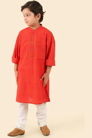 Fabindia Boys Geometric Printed Thread Work Mandarin Collar Cotton Straight Kurta