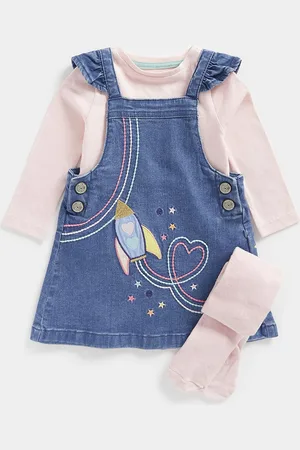 Mothercare Infant Girls Embroidered Full Sleeves Denim Dungaree Set