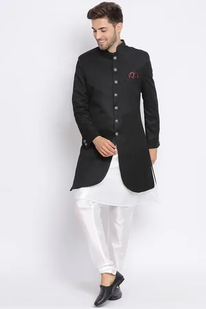 Hangup Men Black & White Solid Sherwani Set