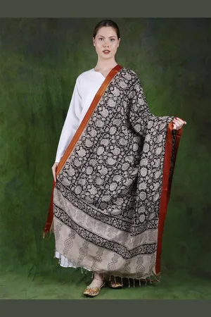 Exotic India Stretch Limo Kalamkari Printed Paisleys Cotton-Silk Dupatta