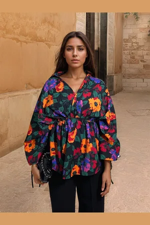 Stylecast Floral Printed Kimono Sleeve Cinched Waist Top