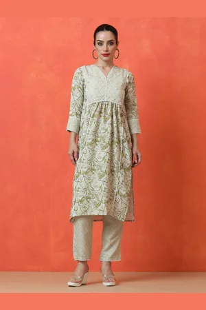 Jaipur Floral Printed V-Neck Empire A-Line Kurta With Trousers