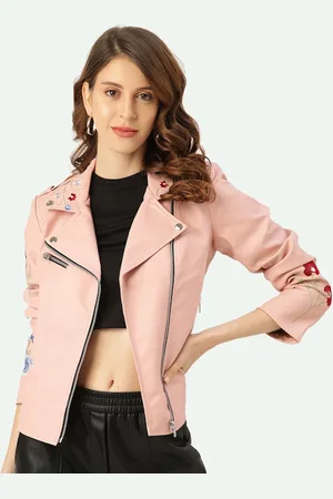 Leather Retail Women Pink Embroidered Biker Jacket