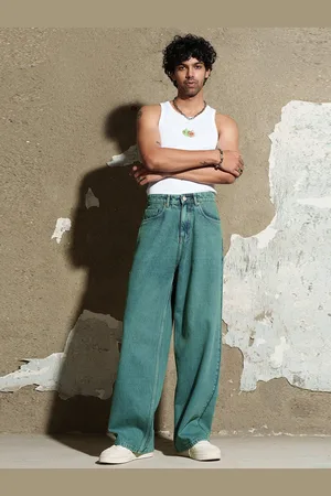 FREAKINS Deep Jade Men Cotton Wide Leg Jeans