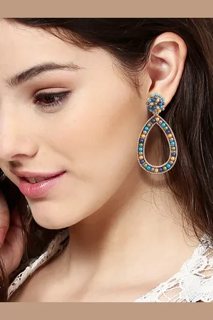 ESTELE Gold-Plated & Blue Teardrop Shaped Drop Earrings