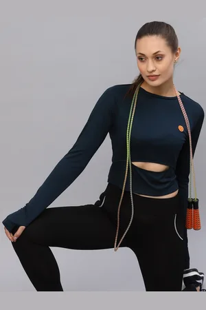 Rigo Women Navy Blue Cut-Out Waist Round Neck Full Sleeve Active wear Crop Top