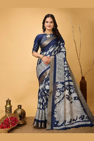 HERE&NOW Kalamkari Printed Zari Pure Cotton Kanjeevaram Saree