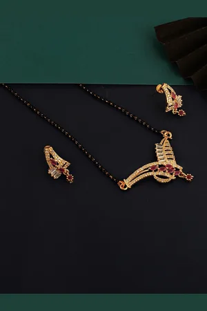 Lucky Jewellery Magenta & Black AD-Studded & Beaded 18K Gold-Plated Mangalsutra Set